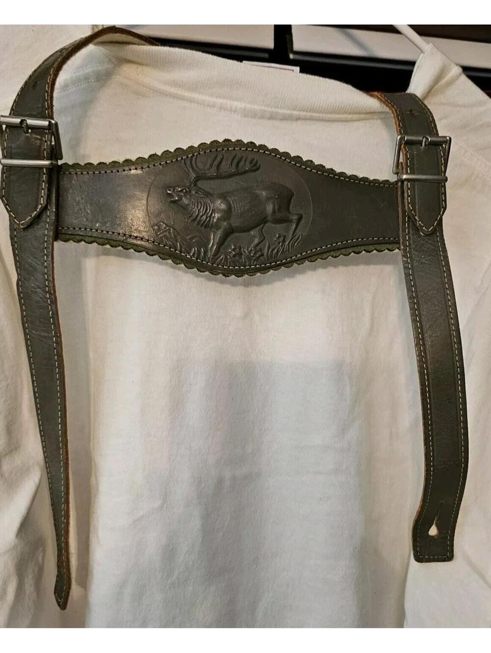 Tooled Leather Suspenders Moose Handmade White Stitch Stainless Buckles Vintage